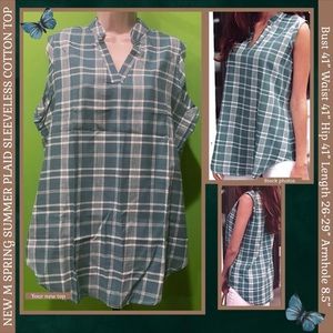 NWT CASUAL CHIC NEW NIB M SLEEVELESS TOP PLAID 100% COTTON LIGHT TEAL BLUE-GREEN